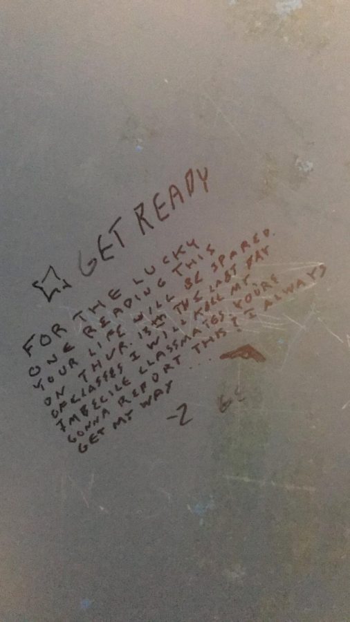 This threat was written on the bathroom stalls of the mens restrooms inside the humanities building and library. (Photo courtesy of KRON4)