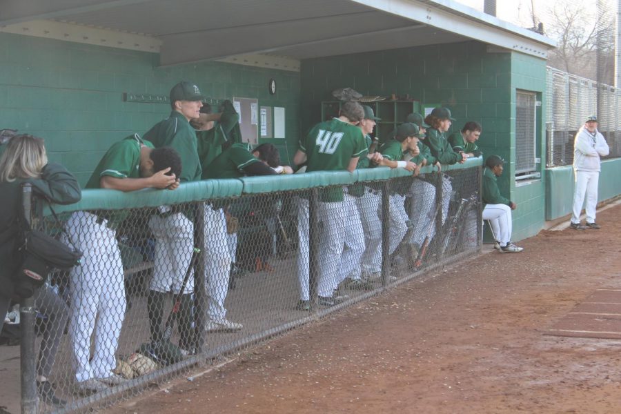 The Vikings watch the home game from their dugout in the matchup against Cabrillo on Tuesday, Feb. 20. The Vikings lost 9-7. (Alex Martin/The Inquirer).