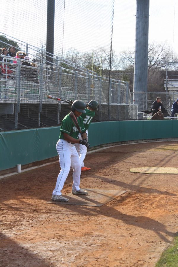 Outfielder Khalid Johnson takes practice swings in the on deck circle during the Vikings matchup against Cabrillo college on Feb. 19th, 2019. Vikings lost 9-7. (Alex Martin/The Inquirer)