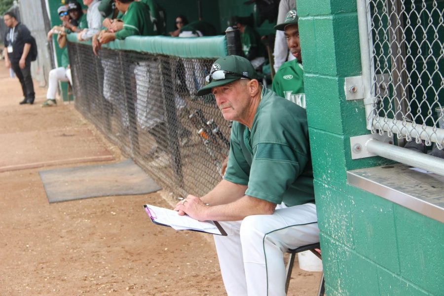 Coach Steve Ward watches the baseball team's match up against the Modesto Pirates from their dugout on March 19, 2019. Vikings lost 7-1. (Alex Martin/The Inquirer)