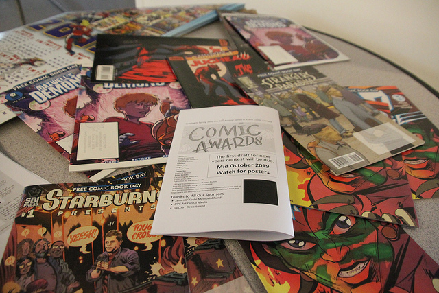 An array of the comics featured in the 9th annual James O’Keefe Comic Contest held on March 19. (Samantha Laurey/The Inquirer).