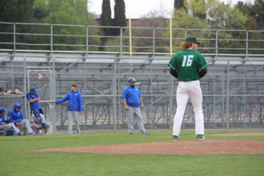 Pitcher Joe Griffin prepares to pitch during the home game against Modesto on March 19, 2019. The Vikings lost 7-1. (Alex Martin/The Inquirer)