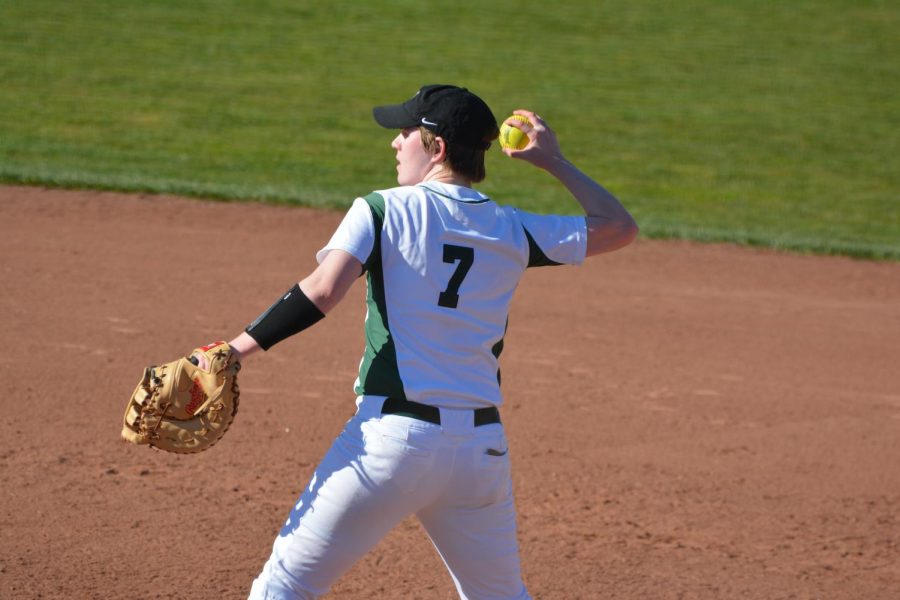 First baseman Kathryn Cassin gets ready to throw during the home game against American River on March 14, 2019. The Vikings lost 18-11. (Samantha Laurey/Inquirer) 