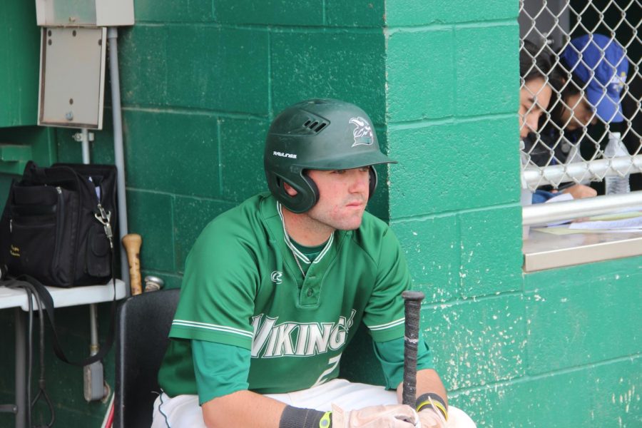 Third baseman Bill Ralston watches his team from the first base dugout during the home game against the Modesto Pirates on March 19, 2019. The Vikings lost 7-1. (Alex Martin/The Inquirer)