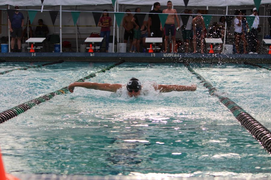 A DVC swimmer races in breaststroke during the Big 8 Championships at DVC, which took place from April 18 through April 20. (Samantha Laurey, Inquirer)