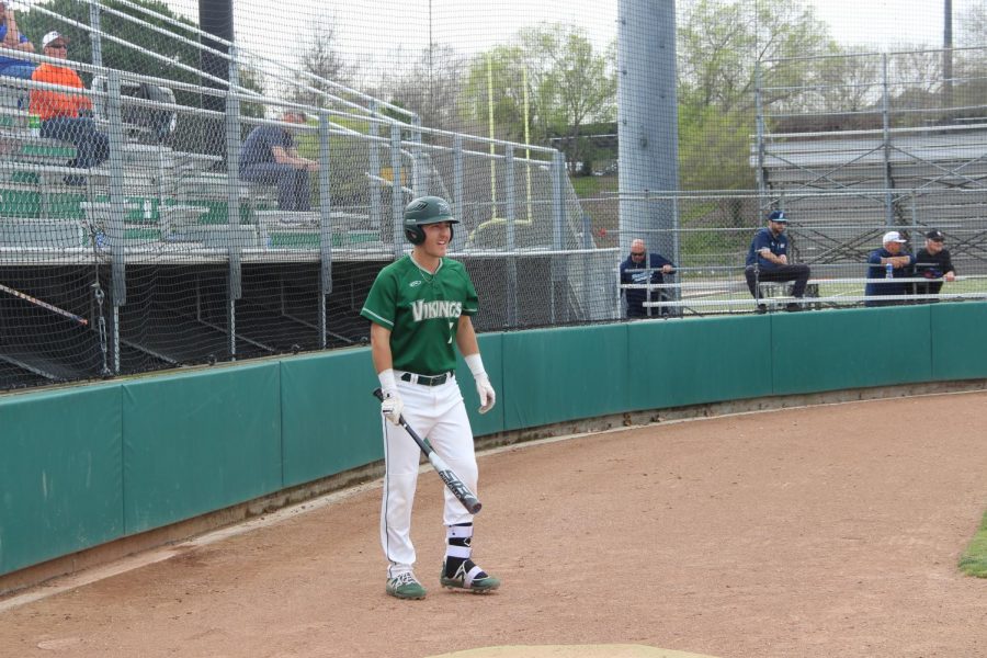 Shortstop Nick Simmons stands in the on-deck circle and watches his teammates battle in a home game against the Modesto Pirates on March 19, 2019. The Vikings lost 7-1. (Alex Martin/The Inquirer)