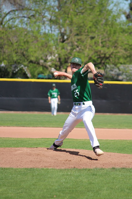 Pitcher Nick Krauth winds up a pitch in their home game against Folsom Lake on April 18, 2019. The Vikings won 6-0. (Samantha Laurey/Inquirer)