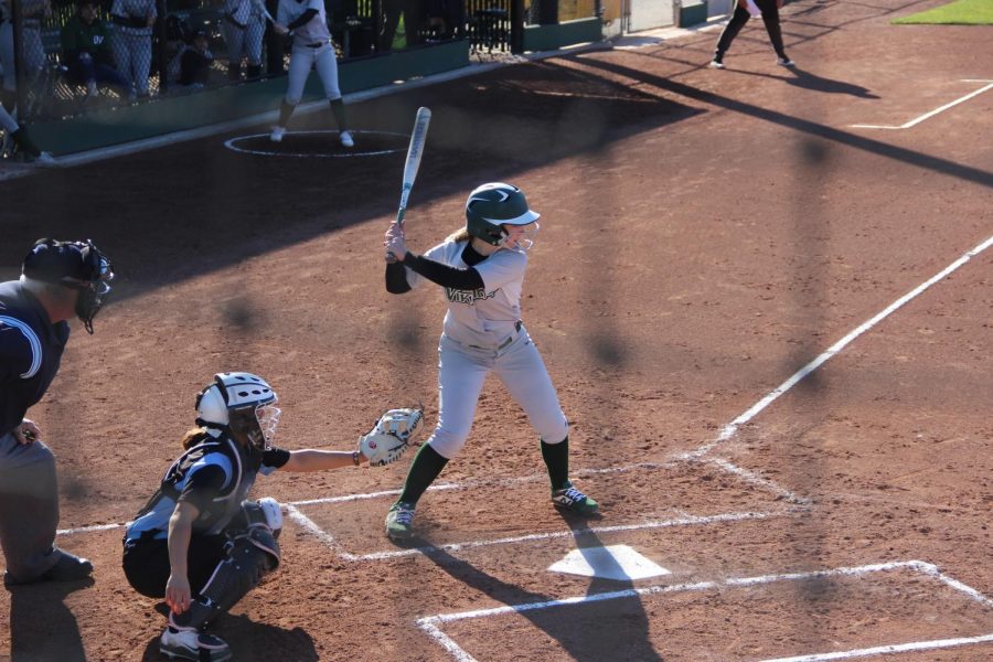 Shortstop Chelsea Mari is up to bat for the Vikings on Feb. 21, 2019. (Samantha Laurey/ Inquirer)