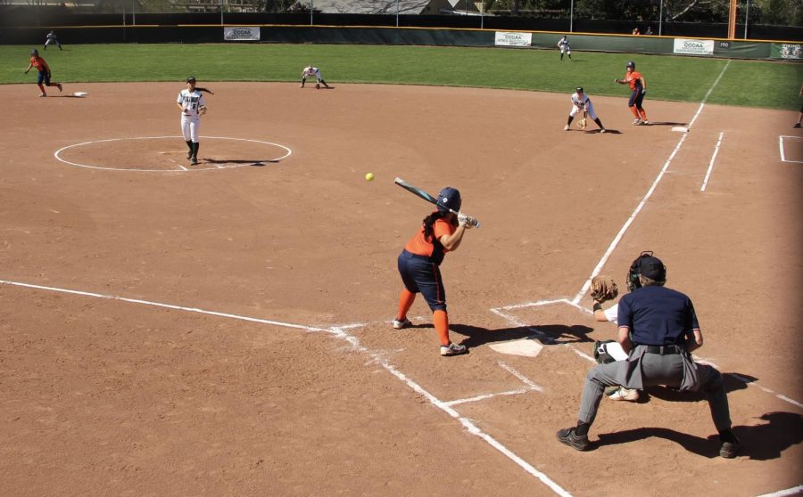 Diablo Valley College Softball team stands ready on defense against Cosumnes College on April 9, 2019. The Vikings lost 4-6. (Isabel Villalobos/ Inquirer)
