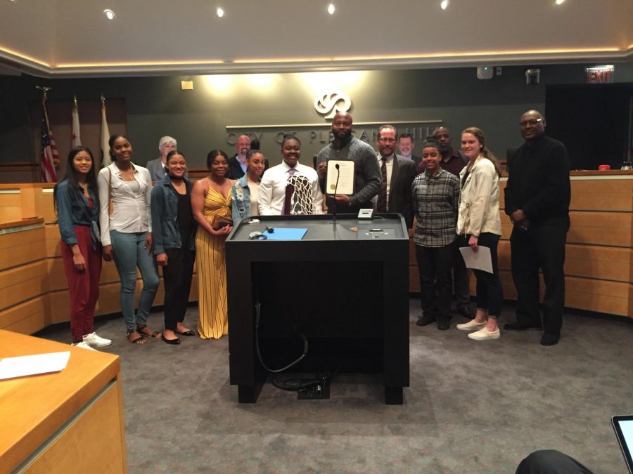 The DVC Women's Basketball team stands alongside city council to commemorate the team at the council chambers in Pleasant Hill on April 15, 2019. (Alex Martin/Inquirer)