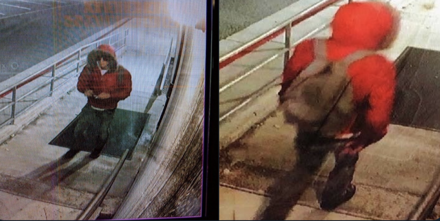 The individual suspected of tagging two campus buildings is described  a white male between 20 and 30 years old standing about 5 feet 8 inches. This footage was recorded at 4:30 a.m. (Photo courtesy of Lieutenant Ryan Huddleston).
