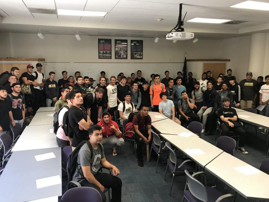 Students interested in joining a mens soccer team at DVC met up in Margaret Lesher Student Union to start the long process of creating one. (Pavlina Markova/The Inquirer)