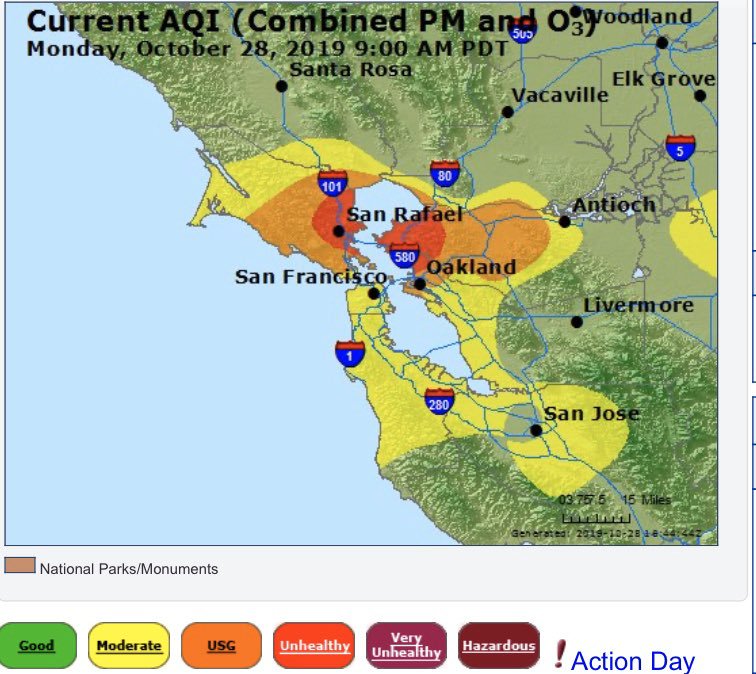 The AQI levels for Oct. 28. According to AirNow, Pleasant Hills air quality is unhealthy. (Photo courtesy of AirNow). 