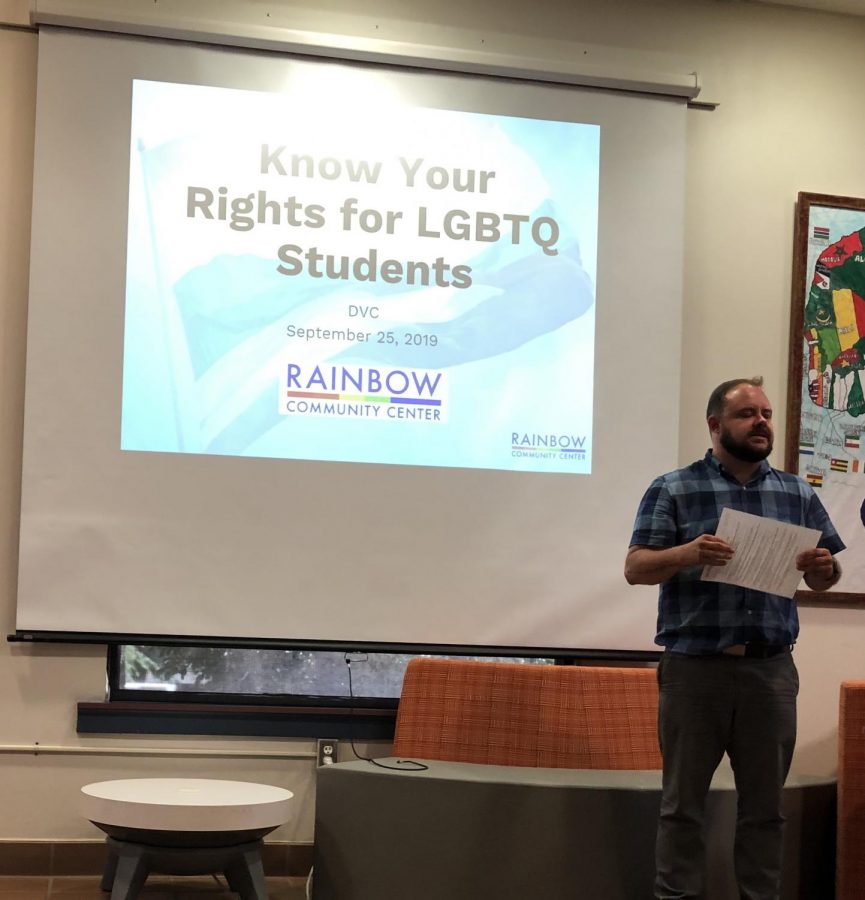 Kelsey Pacha, a representative for The Rainbow Community Center, visited DVC on Sept. 25 to teach students about LGBTQ+ rights. (Micheal Sullivan/The Inquirer).