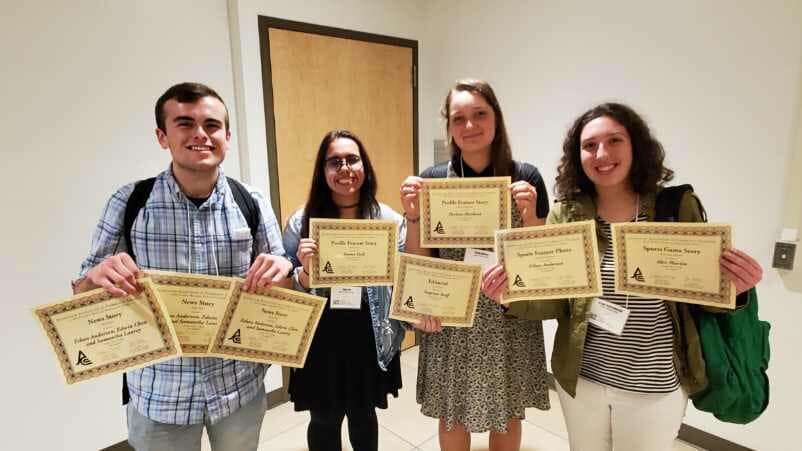 (Left to right): Staff member Eric Dionne, editor-in-chief Emma Hall, features editor Pavlina Markova, and staff member Aryana Hadjimohammadi at the Northern California Journalism Conference of Community Colleges at San Jose state on Nov. 16. (Photo courtesy of Fernando Gallo).