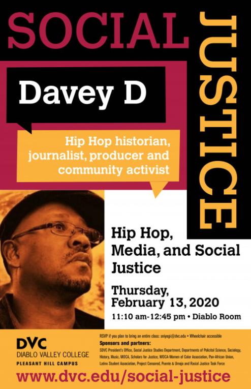 Hip-hop journalist Davey D presented “Hip-hop, Media & Social Justice,” marking the start of the spring Social Justice series at the college. (Photo credit: Diablo Valley College)