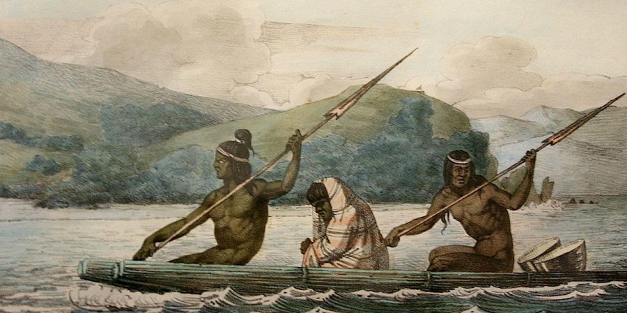 Ramaytush Ohlone in a tule boat in the San Francisco Bay, Louis Choris, 1816.