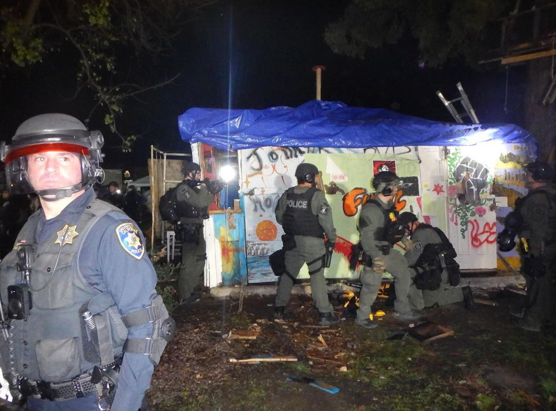 On Jan. 4, hundreds of police officers overtook Peoples Park to clear out activists and unhoused campers and make way for UC Berkeleys plan to construct student housing. Courtesy of @peoplesparkberkeley, via Instagram.
