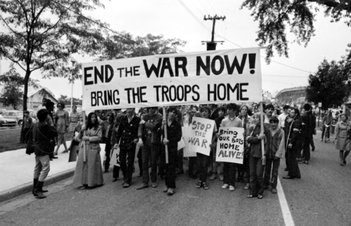 Antiwar March outside Crisler Arena on the University of Michigan Campus, September 20, 1969. 

Courtesy of The Detroit News Collection, Walter P. Reuther Library, Archives of Labor and Urban Affairs, Wayne State University.