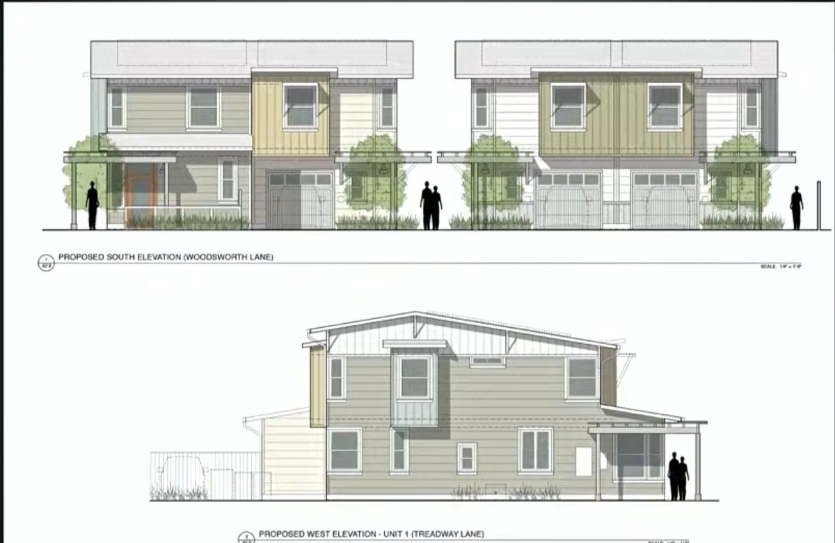 The Proposed South and West Elevations on Woodsworth Lane and Treadway Lane.